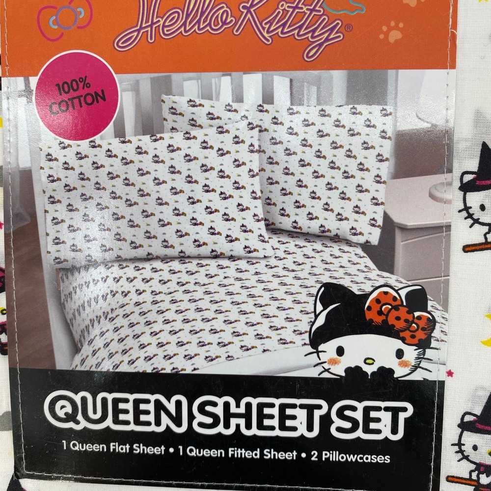 Hello Kitty Sheet Set QUEEN White Halloween Witch Cotton Sanrio Spooky Pumpkin - Picture 10 of 11